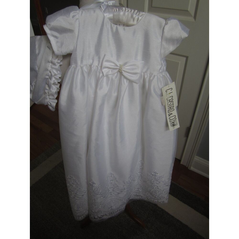 NWT GORGEOUS LONG EMBROIDERED CHRISTENING / BAPTISM GOWN WITH HAT 6MO